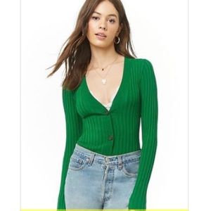 Forever 21 Green Ribbed V-Neck Cardigan Sz Small